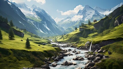 Panoramic shot of a hidden valley in the Alps, where cascading waterfalls meet emerald-green...