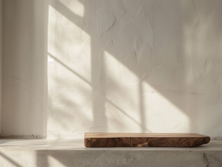 Fototapeta na wymiar The simplicity of a wooden table podium in a close-up shot, where the natural grain meets the purity of a stone white wall, setting a serene stage for product presentation