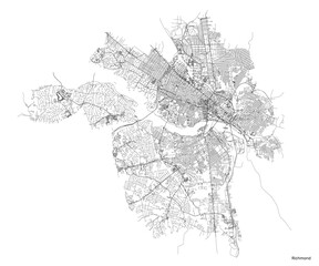 Richmond city map with roads and streets, United States. Vector outline illustration.