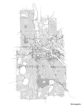 Minneapolis city map with roads and streets, United States. Vector outline illustration.