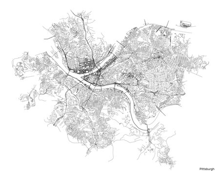 Pittsburgh city map with roads and streets, United States. Vector outline illustration.