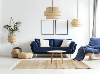 Nordic style living room with navy blue armchair, sofa and carpet on white floor