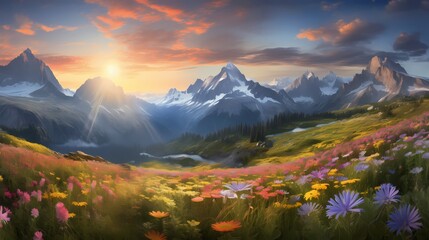 Sun-kissed mountain peaks in the Alps, surrounded by vibrant wildflowers, creating a picturesque scene that showcases the wonders of spring
