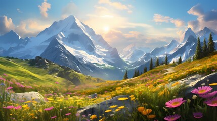 Sun-kissed mountain peaks in the Alps, surrounded by vibrant wildflowers, creating a picturesque scene that showcases the wonders of spring