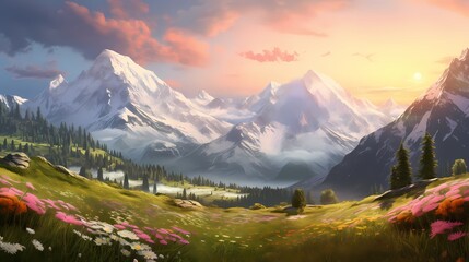 A tranquil sunrise over the majestic Alps, casting a warm glow on blooming meadows in springtime, capturing the essence of nature's beauty - obrazy, fototapety, plakaty