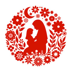 Mom and girl in floral frame. Silhouette