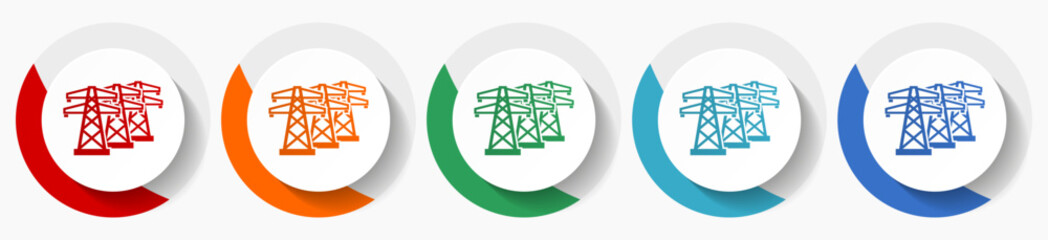 Power line, energy towers vector icon set, flat icons for logo design, webdesign and mobile applications, colorful round buttons