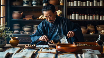 A practitioner of Traditional Chinese medicine preparing herbal remedies, highlighting the ancient wisdom of holistic healing - obrazy, fototapety, plakaty