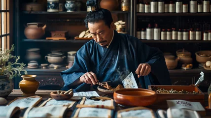 Foto op Plexiglas A practitioner of Traditional Chinese medicine preparing herbal remedies, highlighting the ancient wisdom of holistic healing © Art of Ngu