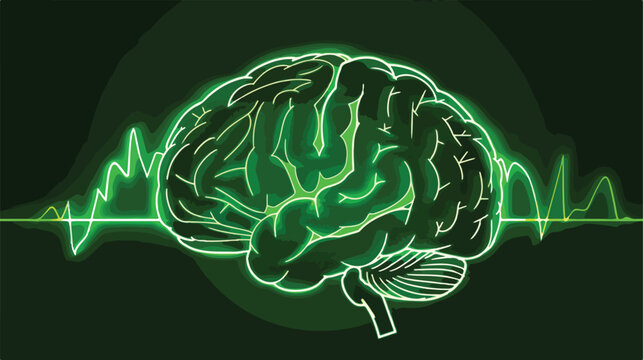 Green Neon Brain with Pulse Graphic Design Element 