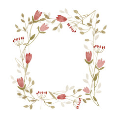 Watercolor cute flowers and leaves frame layout template with copy space. Hand drawn