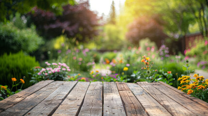 Fototapeta premium This image features a wooden tabletop with a soft focus on the flowering garden, symbolizing new beginnings