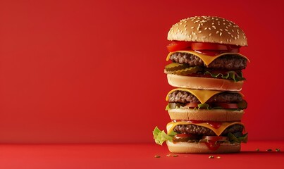Photo of a double cheeseburger on a red background with copy space, symbolizing fast food and in the style of shutterstock photography