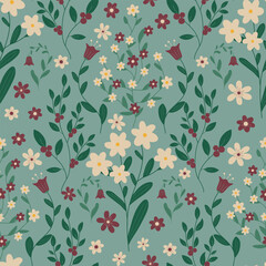 gentle seamless pattern with flowers and leaves on a blue background vector illustration
