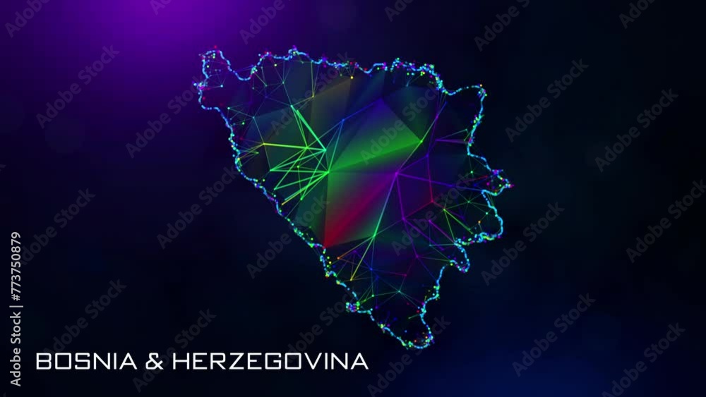Poster futuristic motion reveal bosnia and herzegovina map polygonal blue purple colorful connected lines a