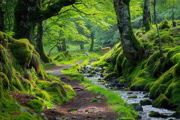Fototapeta na wymiar A mossy forest path with a stream running alongside it and a deer standing in the distance