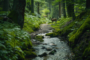 Fototapeta na wymiar A mossy forest path with a stream running alongside it and a deer standing in the distance