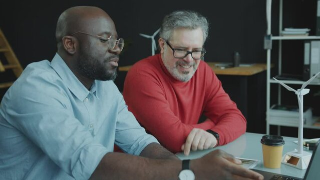 African American engineer discussing presentation about sustainability on laptop screen with senior Caucasian colleague when sitting together at desk in office
