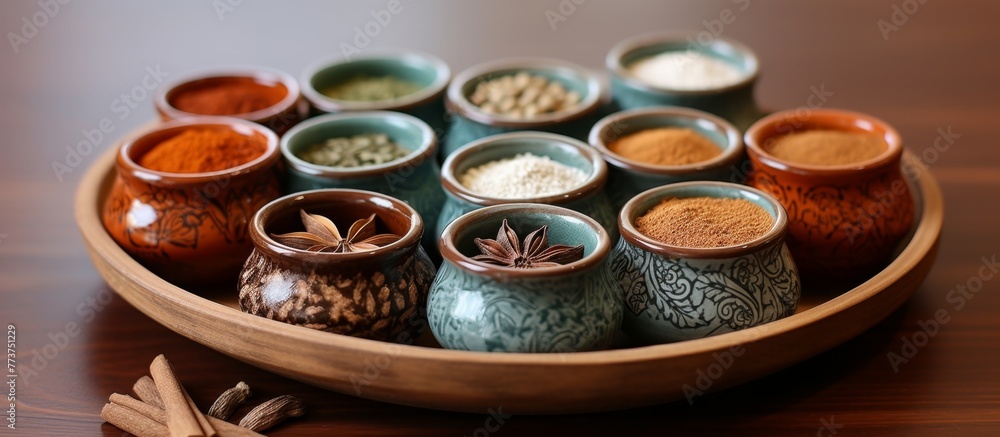 Poster An assortment of different spices in a bowl placed on top of a rustic wooden table, showing various textures and colors
