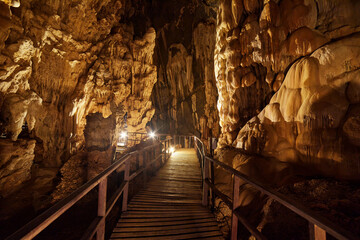 Natural stalactite and stalagmite in the cave