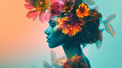 Artistic Portrait of a Woman with Floral Headpiece in Dual Tones. Stylish, Trendy, Perfect for Modern Decor and Fashion Imagery. AI