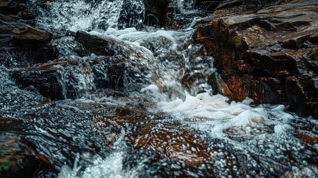 Design a captivating image of a cascading waterfall, emphasizing the dynamic textures of the rushing water.