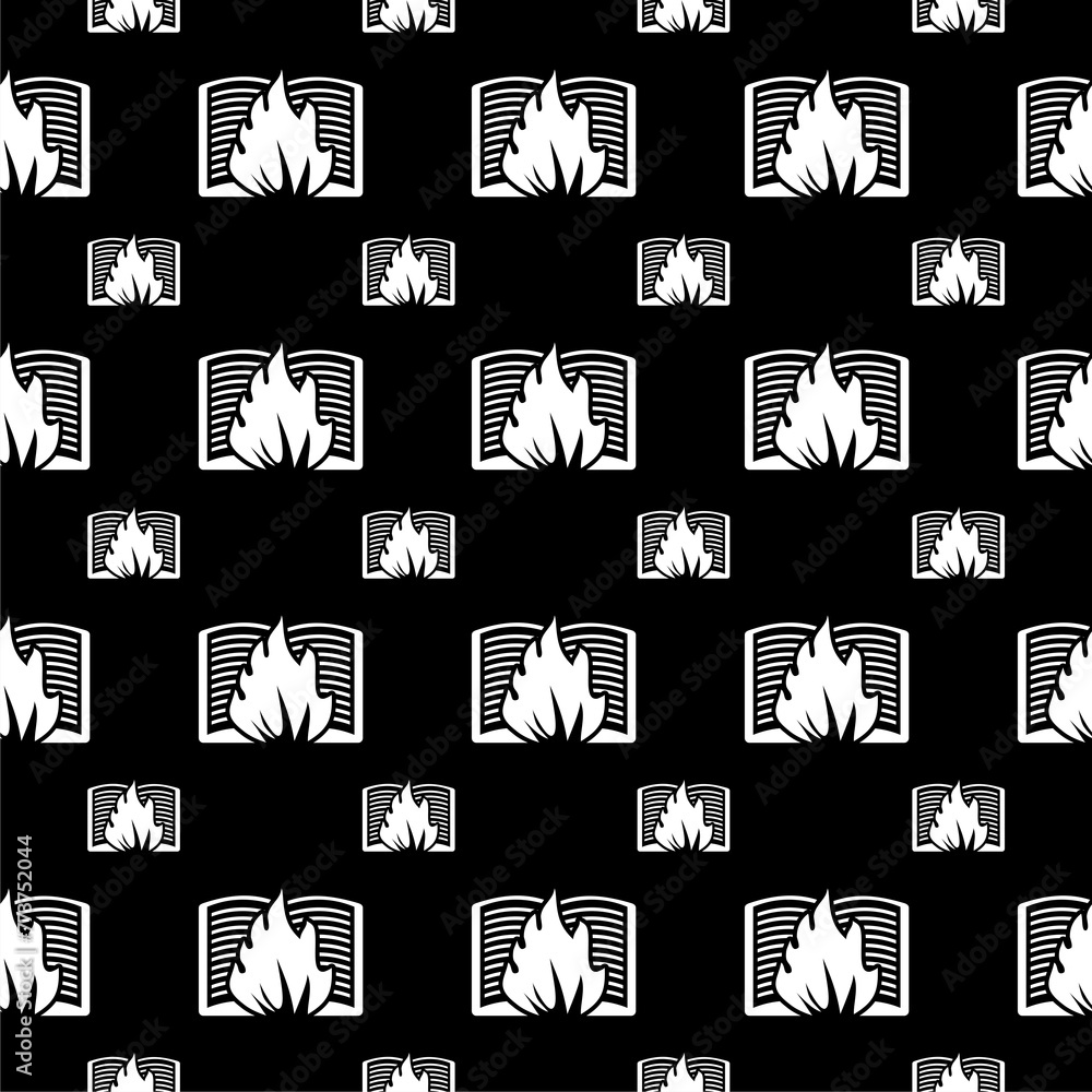 Sticker Fire and book icon seamless pattern on black