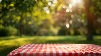 A peaceful, soft-focus image highlighting a gingham tablecloth as gentle sunbeams filter through surrounding vegetation in a quiet park backdrop