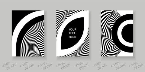 Black and white minimal geometric backgrounds set.Striped geometric pattern with visual distortion effect. For printing on covers, banners, sales, flyers. modern design. Vector.