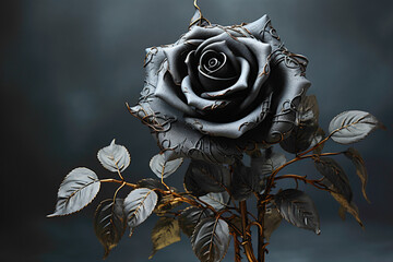 A single black rose with velvety petals placed to the side, emphasizing its uniqueness against a...