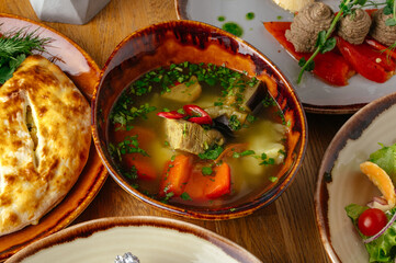 a set of Georgian food on the table. a variety of Georgian food.