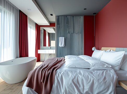 photo of a modern hotel room with a double bed and bathtub in white, red, and gray colors, in the style of an anonymous artist