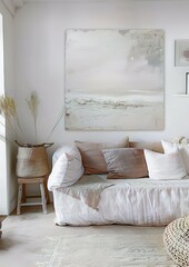 beautiful interior with beidge oil paintings on the wall and sofa, boho style
