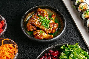 a set of Asian food on the table. a variety of Asian food.