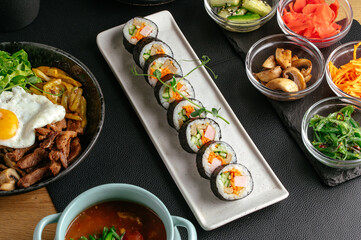 a set of Asian food on the table. a variety of Asian food.