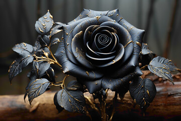 A single black rose with velvety petals placed to the side, emphasizing its uniqueness against a muted background, offering a canvas for custom messages.
