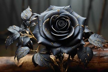 Selbstklebende Fototapeten A single black rose with velvety petals placed to the side, emphasizing its uniqueness against a muted background, offering a canvas for custom messages. © SHAN.