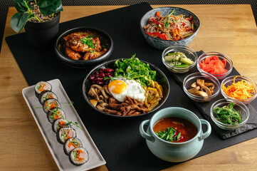 a set of Asian food on the table. a variety of Asian food.