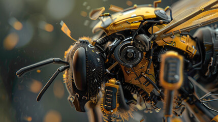An artificial bee robot replacing real bees in the process of gathering precious pollen. A futuristic robotic bee, designed for efficiency, becomes a mascot for modern, tech-driven agriculture.