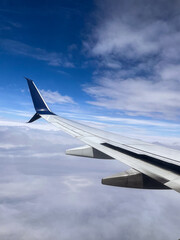 Wing of an airplane in the blue sky