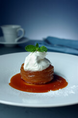 A dessert torte against blue background