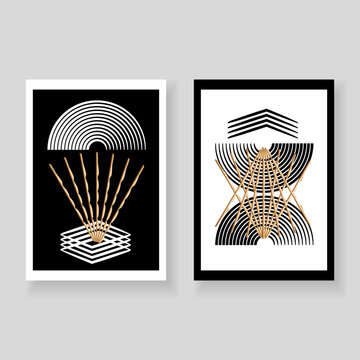 Set of minimal elegant wall decor posters. Black, white and gold geometric shapes made of lines and circles . Creative templates for parties, cards, posters, covers, home decor. 