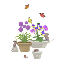 illustration with mice, butterflies, snail and allium flowers and violets