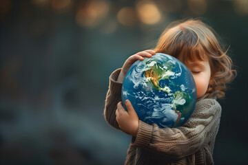 A young child hugging a planet earth model, protecting the environment.
