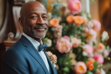 African American handsome man groom wearing a blue suit and matching bow tie at a wedding ceremony or formal event - obrazy, fototapety, plakaty