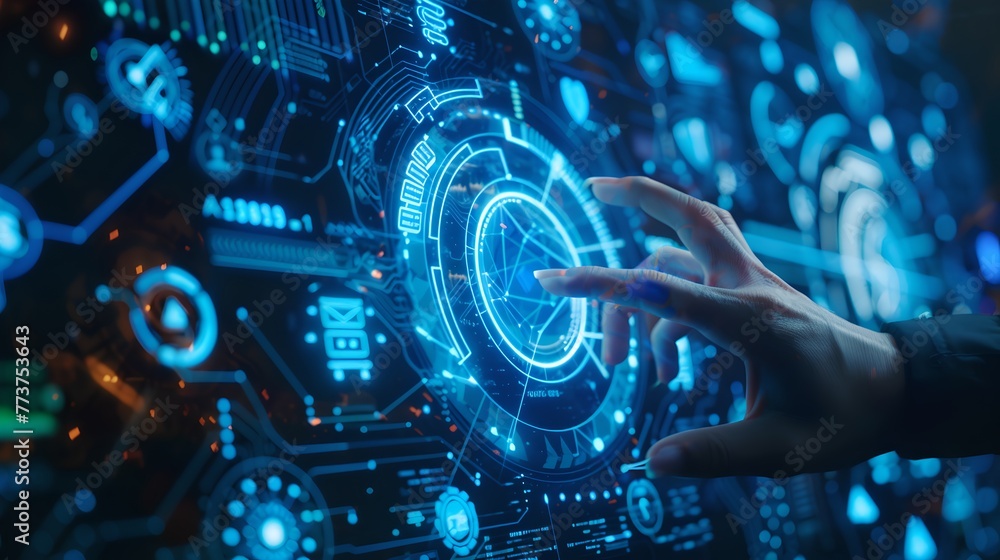 Aufkleber futuristic interface being operated by a person. touching digital screen with circuits. concept of a