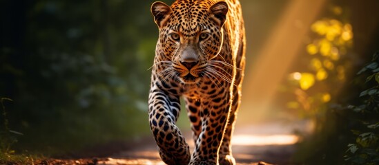 A leopard with rosette spots is strolling along a dirt road in the wilderness - Powered by Adobe