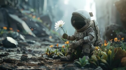 cute astronaut holding a flower in his hands, - obrazy, fototapety, plakaty
