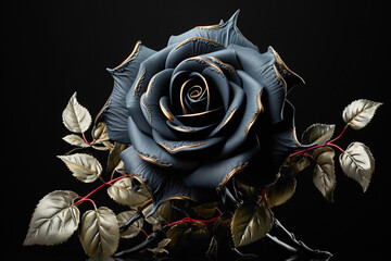 A stunning black rose placed on the side against a solid background, with soft shadows and ample...