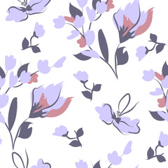 Hand-drawn seamless pattern with floral print. Abstract contour flowers in pink, light purple and white. Vector pattern for printing on fabric, gift wrapping, covers, wallpapers.